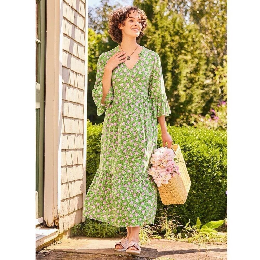 April Cornell Floral Bell Sleeve Midi Dress Medium Cottagecore Boho Green Purple
